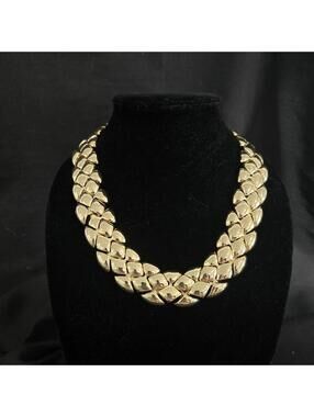 Vintage Gold Tone Chunky Statement Necklace 1980s Thick Cushion Link